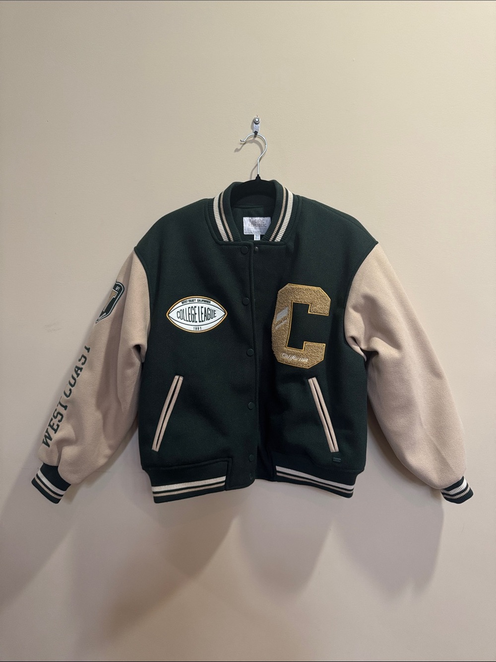 Pull&Bear Dark Green and Cream Kids Letterman Jacket with Gold 'C' Patch